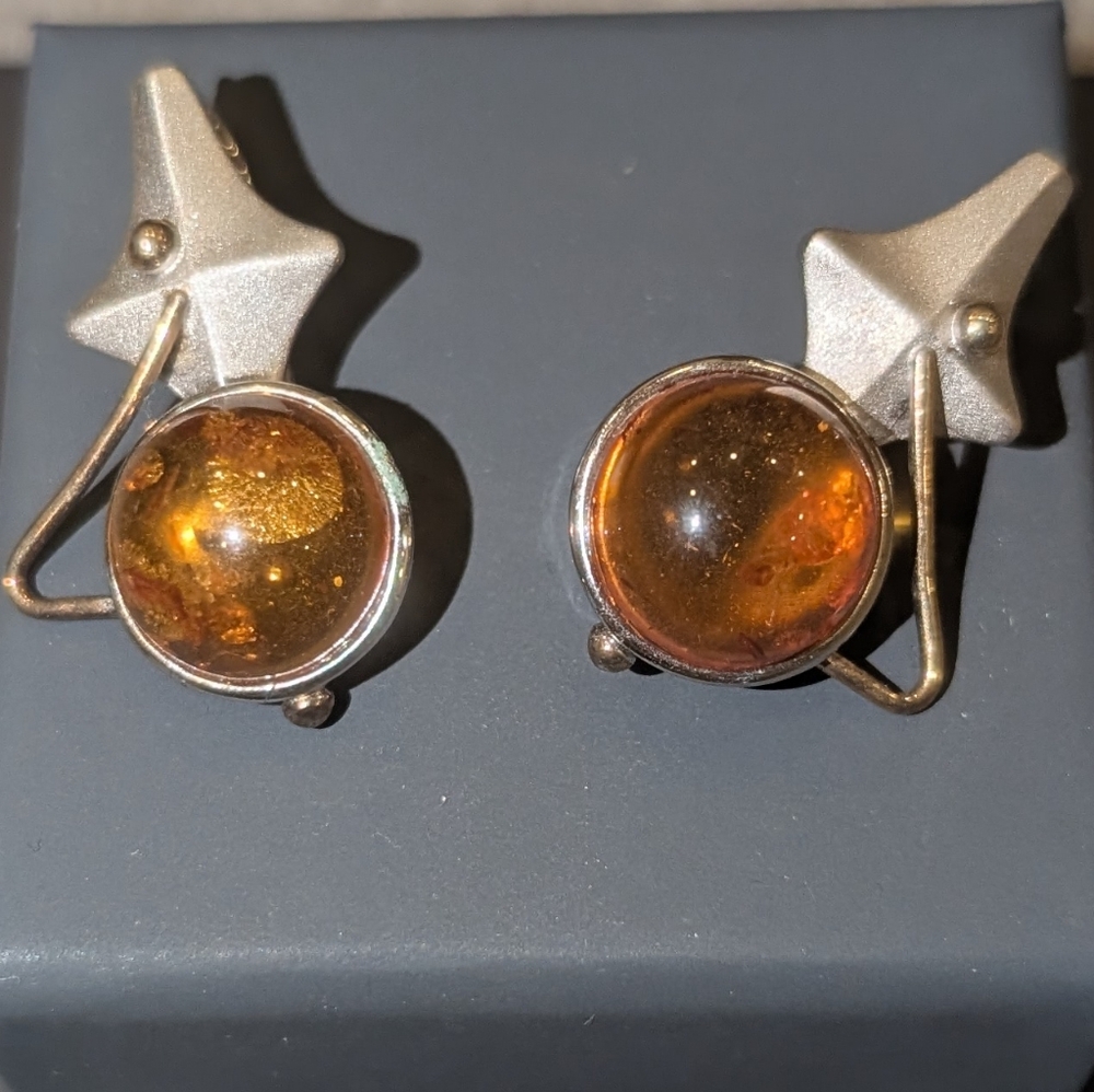 Amber Orb Silver Star Drop Earrings - Honey Amber